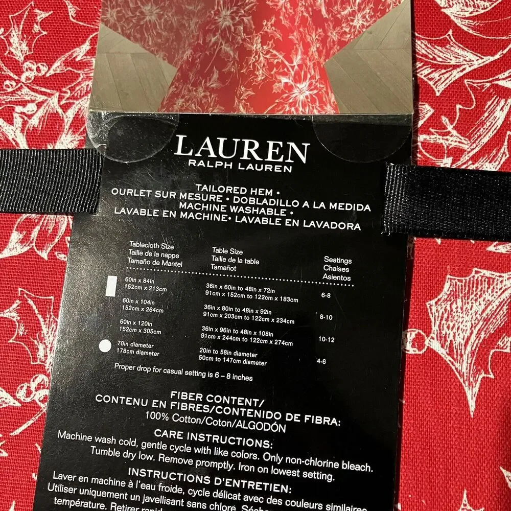 Ralph Lauren Tablecloth 60x104 Red Christmas Festive Rectangle Poinsettia Cotton